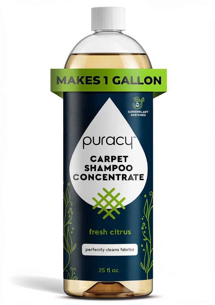 Puracy Carpet Shampoo bottle on a carpeted floor